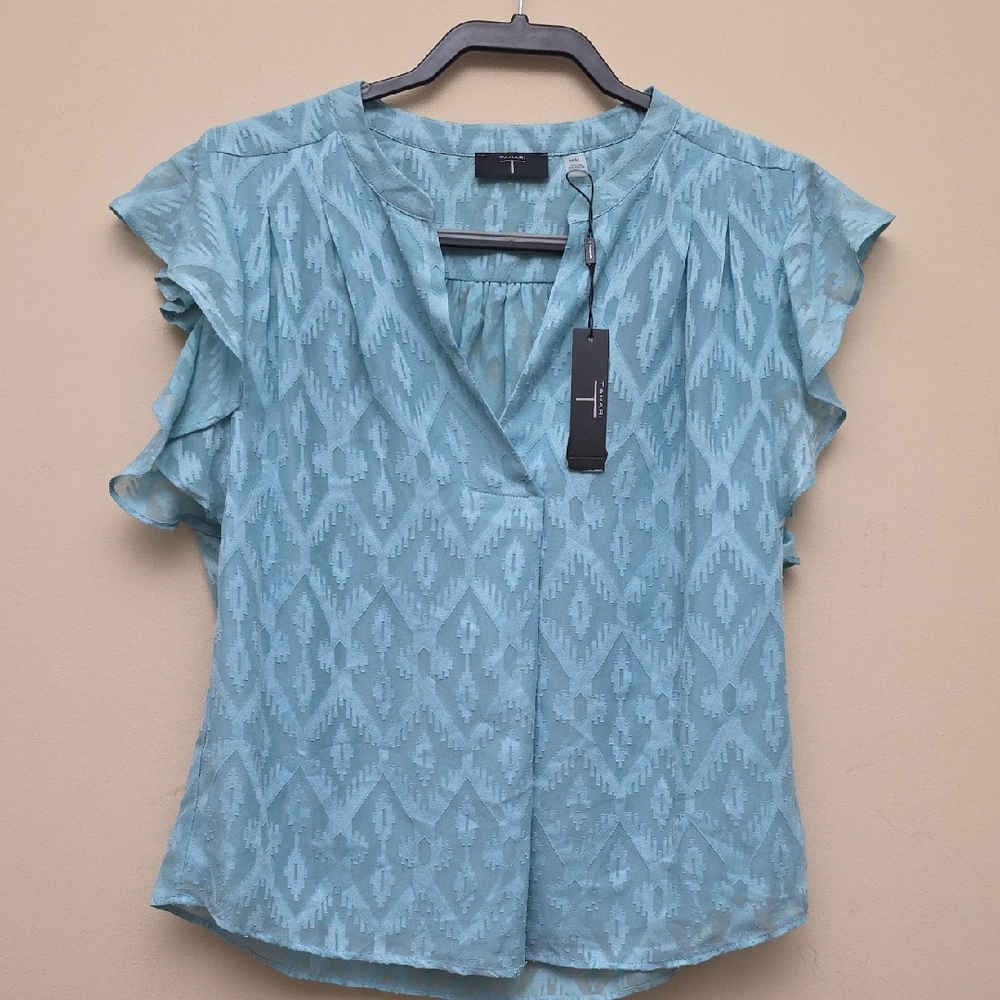 Tahari Light Teal Patterned Flutter Sleeve Blouse